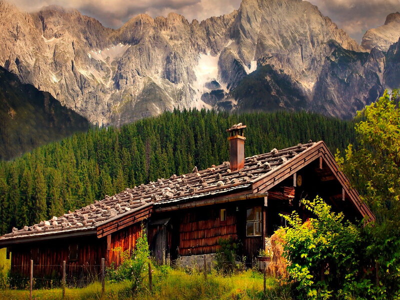 Wooden Cabin in Mountains — Brown, Dramatic