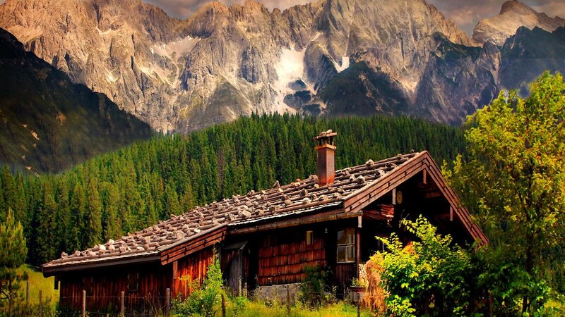 Wooden Cabin in Mountains — Brown, Serene, Afternoon, Photograph, Forest
