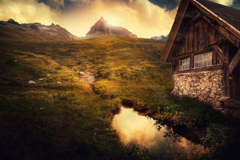 Wooden Cabin in Mountains — Golden