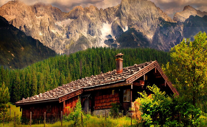 Wooden Cabin in Mountains — Green, Dramatic, Afternoon, Photograph, Forest