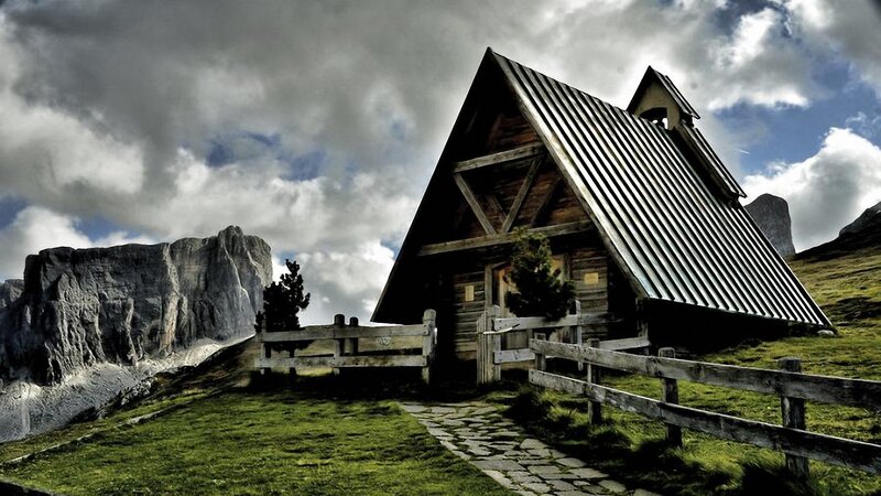 Wooden Cabin in Mountains — Green, Dramatic, Afternoon, Photograph, Mountain