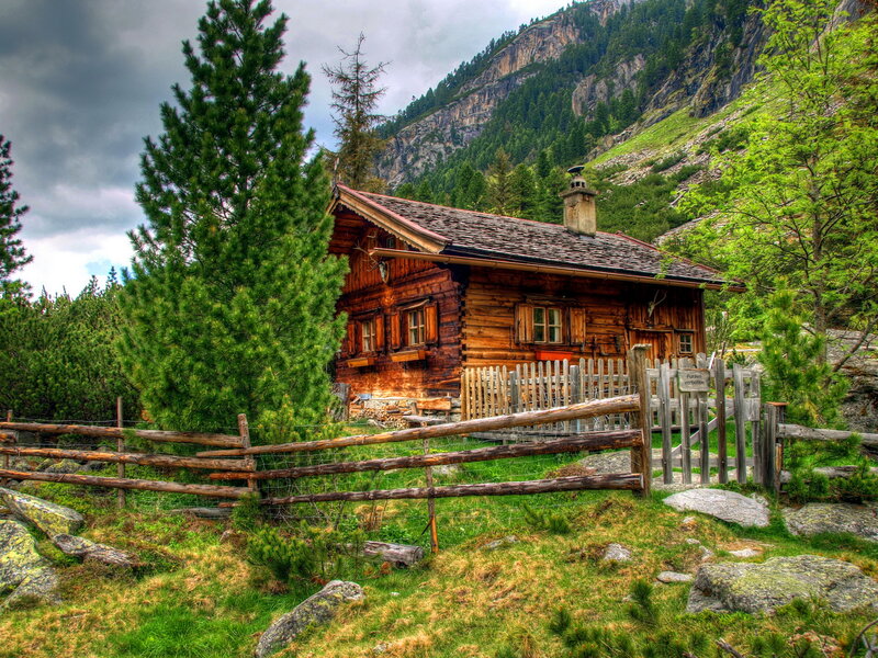 Wooden Cabin in Mountains — Green, Dramatic, Afternoon, Photograph