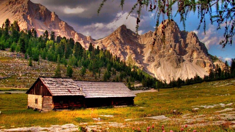 Wooden Cabin in Mountains — Green, Dramatic, Afternoon