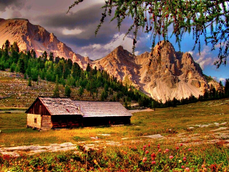 Wooden Cabin in Mountains — Green, Dramatic