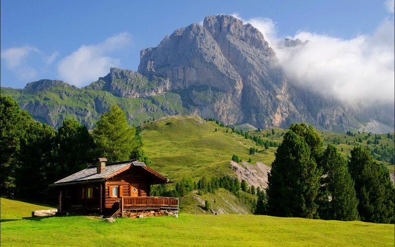 Wooden Cabin in Mountains — Green, Serene, Afternoon, Photograph, Mountain, Trees, Grass