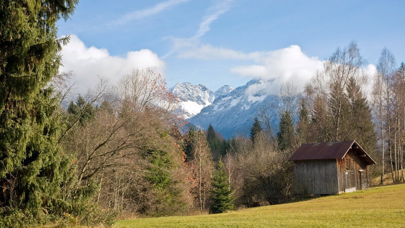 Wooden Cabin in Mountains — Green, Serene, Autumn, Photograph, Trees