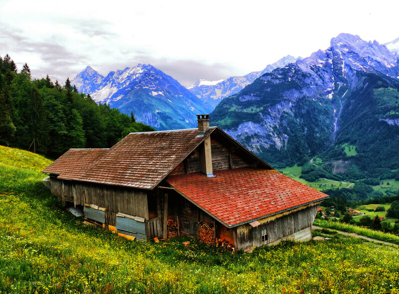 Wooden Cabin in Mountains — Green, Serene, Summer, Photograph, Trees