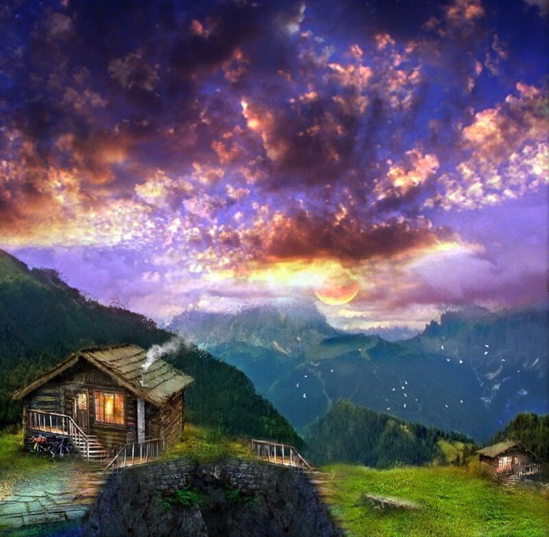 Wooden Cabin in Mountains — Purple, Dramatic