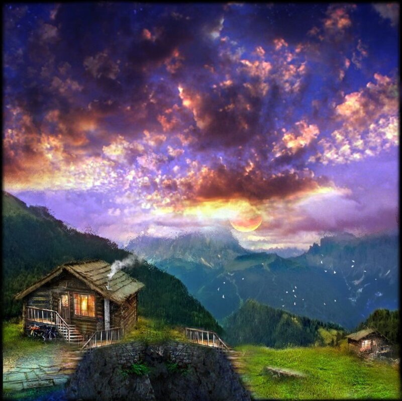 Wooden Cabin in Mountains — Purple