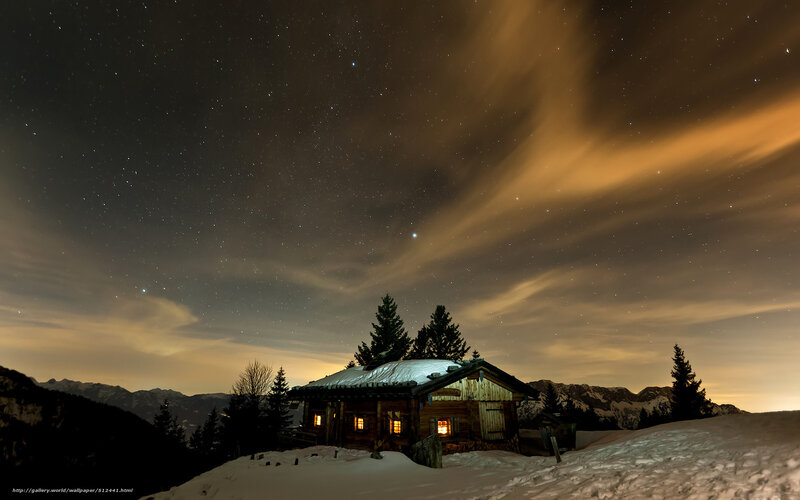 Wooden Cabin in Snow — Black, Serene, Night, Photograph