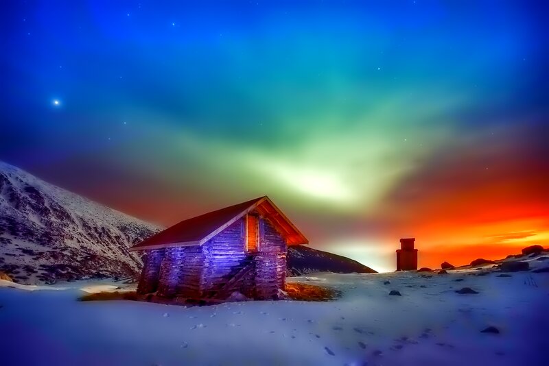 Wooden Cabin in Snow — Blue, Dramatic, Night