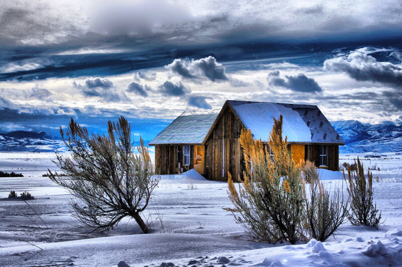 Wooden Cabin in Snow — Blue, Dramatic, Winter, Photograph