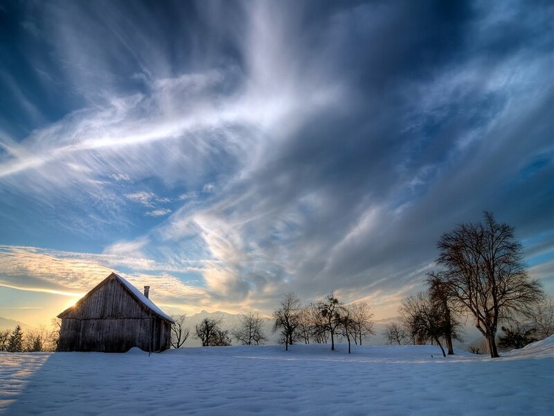 Wooden Cabin in Snow — Blue, Dramatic, Winter