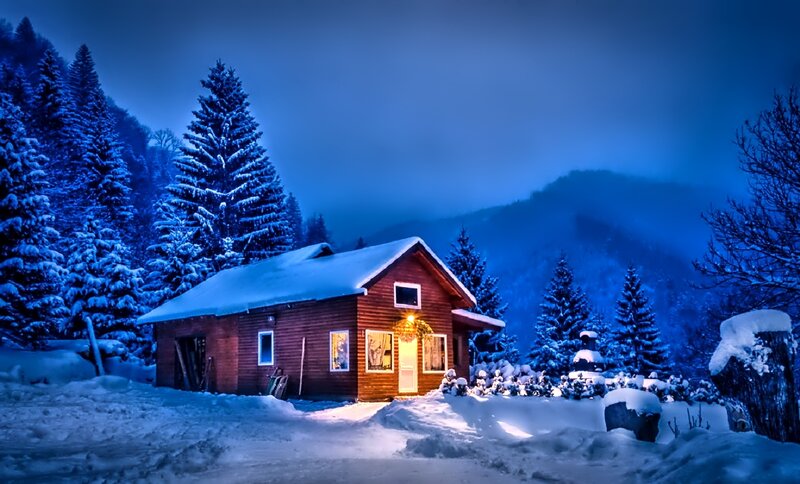 Wooden Cabin in Snow — Blue, Serene, Night, Photograph