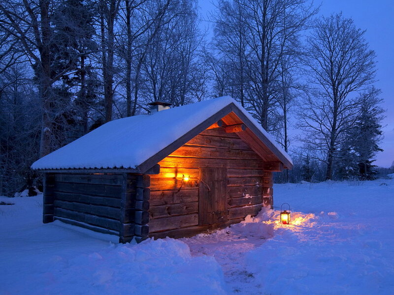 Wooden Cabin in Snow — Blue, Serene, Night, Photograph, Trees, Lantern