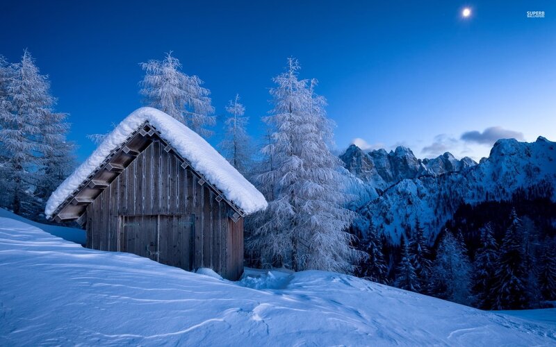 Wooden Cabin in Snow — Blue, Serene, Night, Photograph, Trees, Mountains, Moon