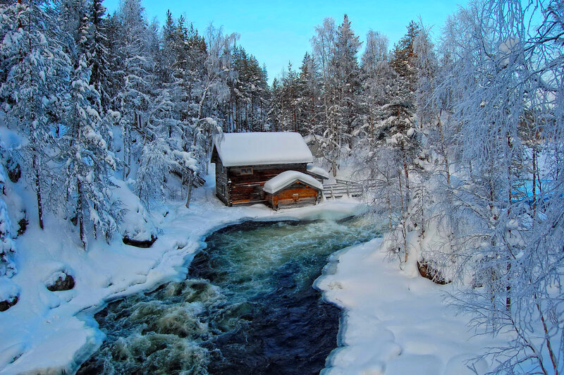 Wooden Cabin in Snow — Blue, Serene, Winter, Photograph, River