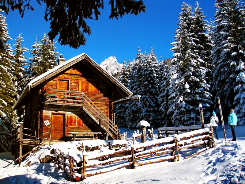 Wooden Cabin in Snow — Blue, Serene, Winter, Photograph, Snow-covered Trees