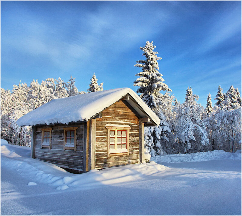 Wooden Cabin in Snow — Blue, Serene, Winter, Photograph