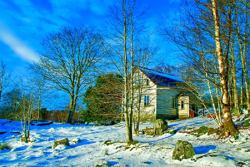 Wooden Cabin in Snow — Blue, Serene, Winter, Photograph, Trees, Rocks
