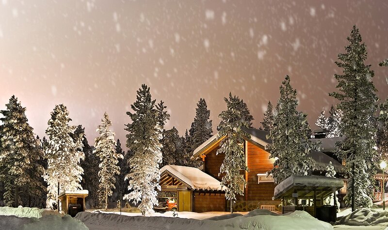 Wooden Cabin in Snow — Brown, Serene, Night, Photograph