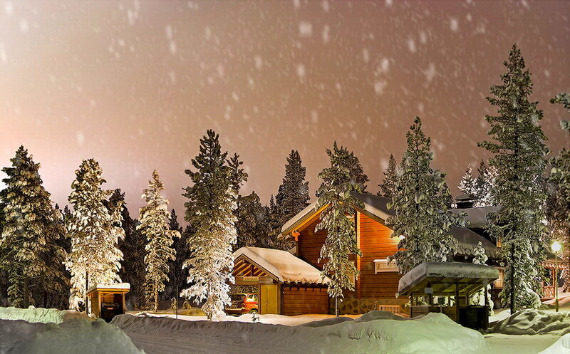 Wooden Cabin in Snow — Brown, Serene, Night