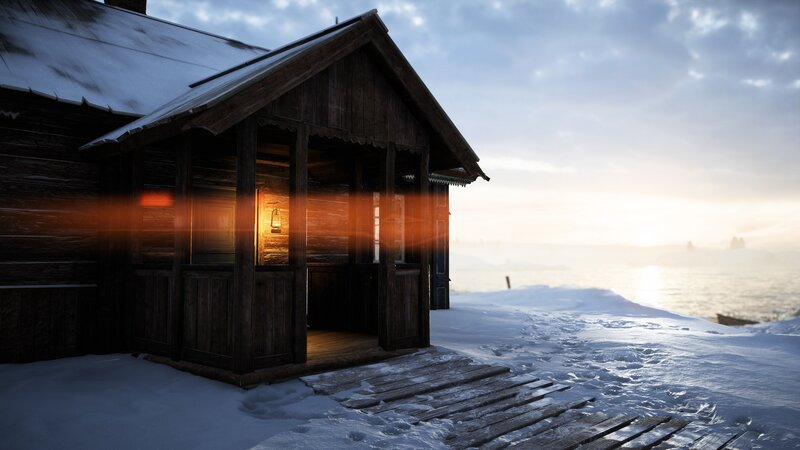 Wooden Cabin in Snow — Brown, Serene, Winter, 3d Render