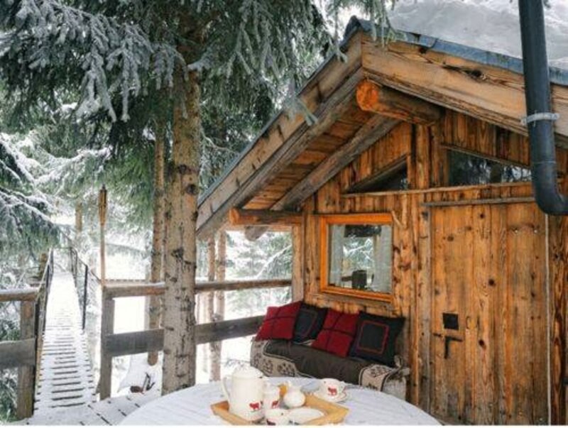 Wooden Cabin in Snow — Brown, Serene, Winter, Photograph, Trees