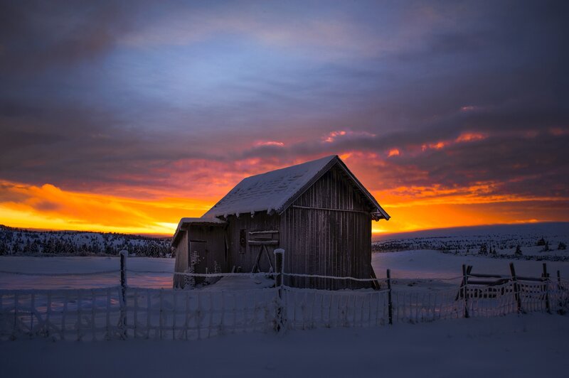 Wooden Cabin in Snow — Orange, Dramatic, Sunset