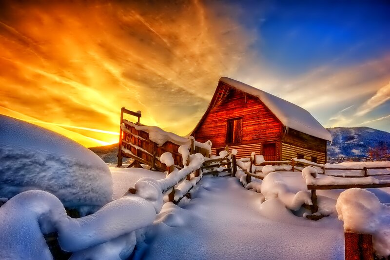 Wooden Cabin in Snow — Orange, Dramatic