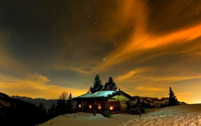 Wooden Cabin in Snow — Orange, Serene