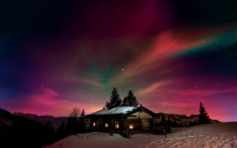 Wooden Cabin in Snow — Purple, Dramatic