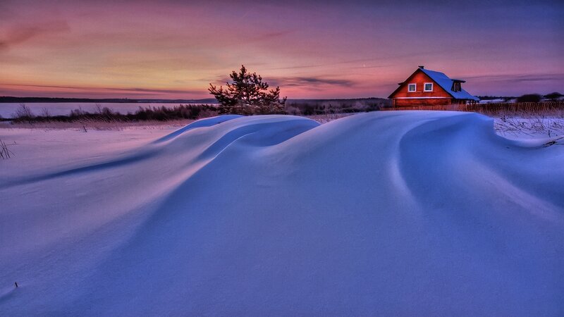 Wooden Cabin in Snow — Purple, Serene