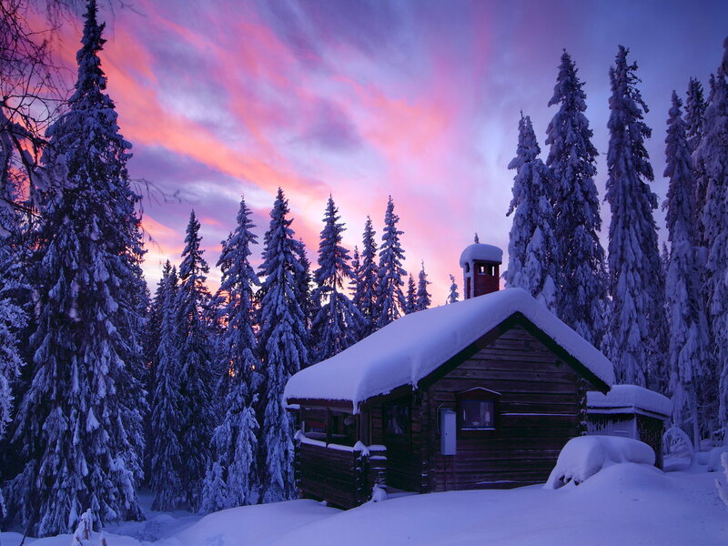 Wooden Cabin in Snow — Purple
