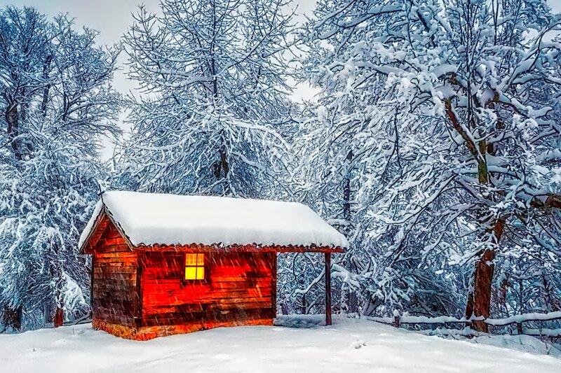 Wooden Cabin in Snow — Red