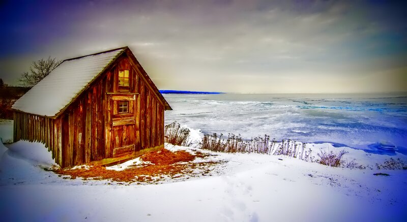 Wooden Cabin in Snow — White, Dramatic, Winter, Photograph