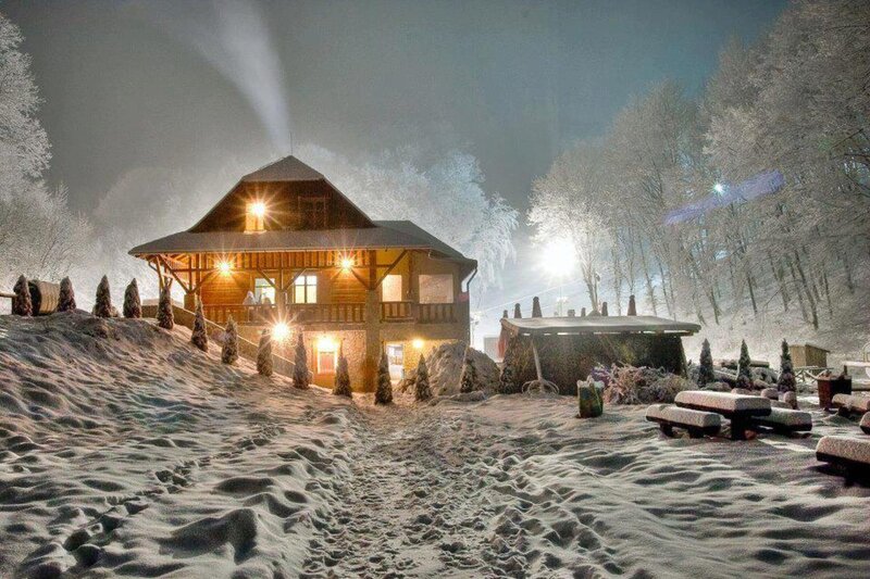 Wooden Cabin in Snow — White, Serene, Night, Photograph