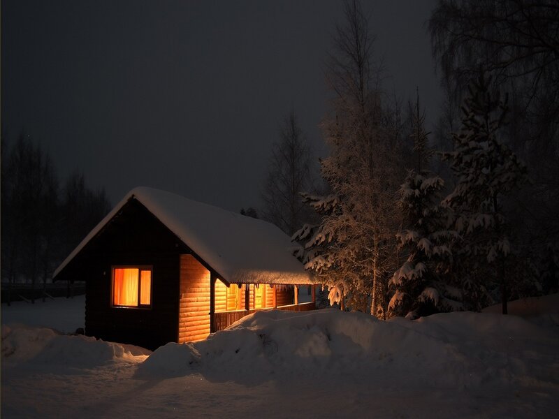 Wooden Cabin in Snow — White, Serene, Night, Photograph, Trees