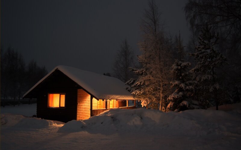 Wooden Cabin in Snow — White, Serene, Night, Photograph, Trees, Window