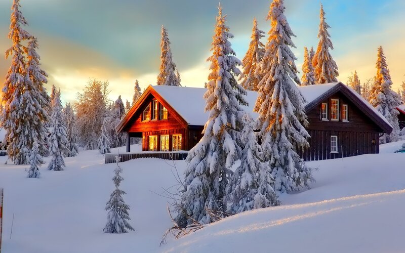 Wooden Cabin in Snow — White, Serene, Sunset, Photograph, Trees