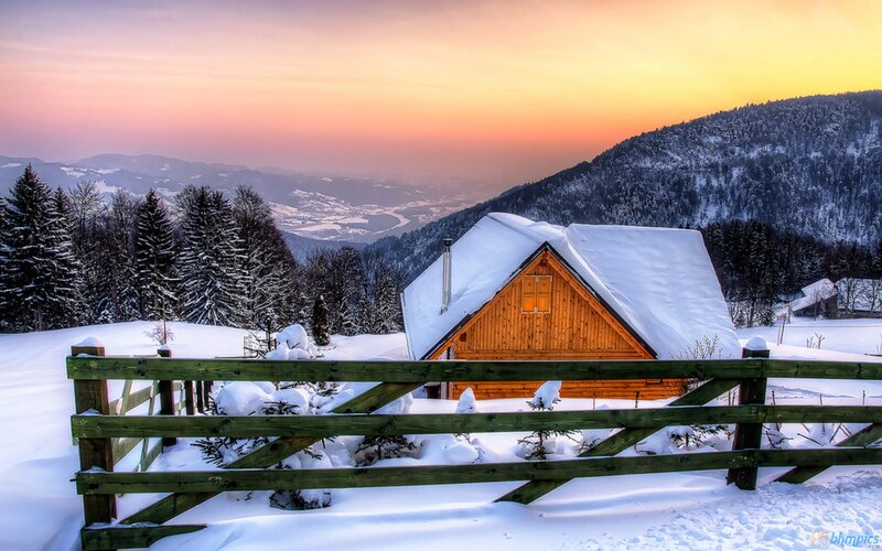 Wooden Cabin in Snow — White, Serene, Sunset