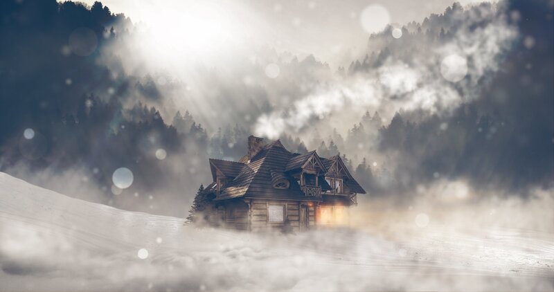 Wooden Cabin in Snow — White, Serene, Winter, Digital Art, Forest