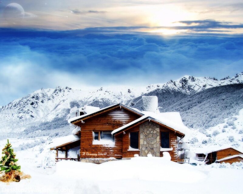 Wooden Cabin in Snow — White, Serene, Winter, Digital Art
