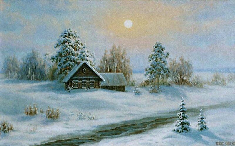 Wooden Cabin in Snow — White, Serene, Winter, Painting