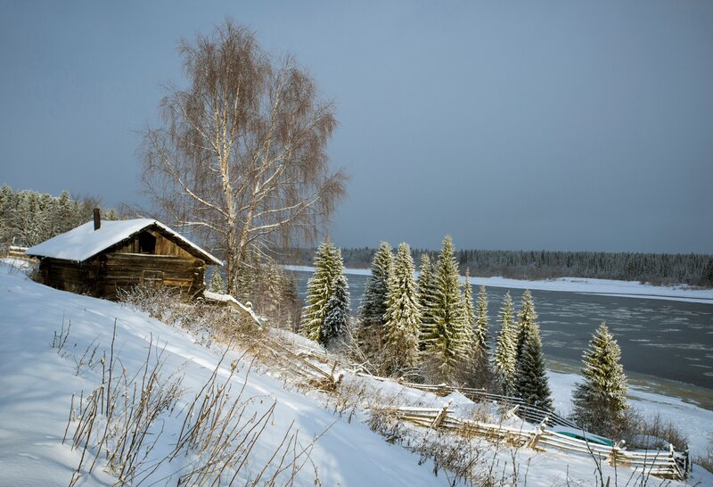 Wooden Cabin in Snow — White, Serene, Winter, Photograph, River, Trees