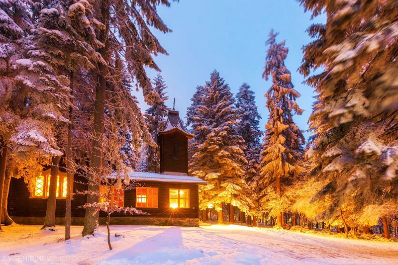 Wooden Cabin in Snow — White, Serene, Winter, Photograph, Snow-covered Trees, Windows, Forest