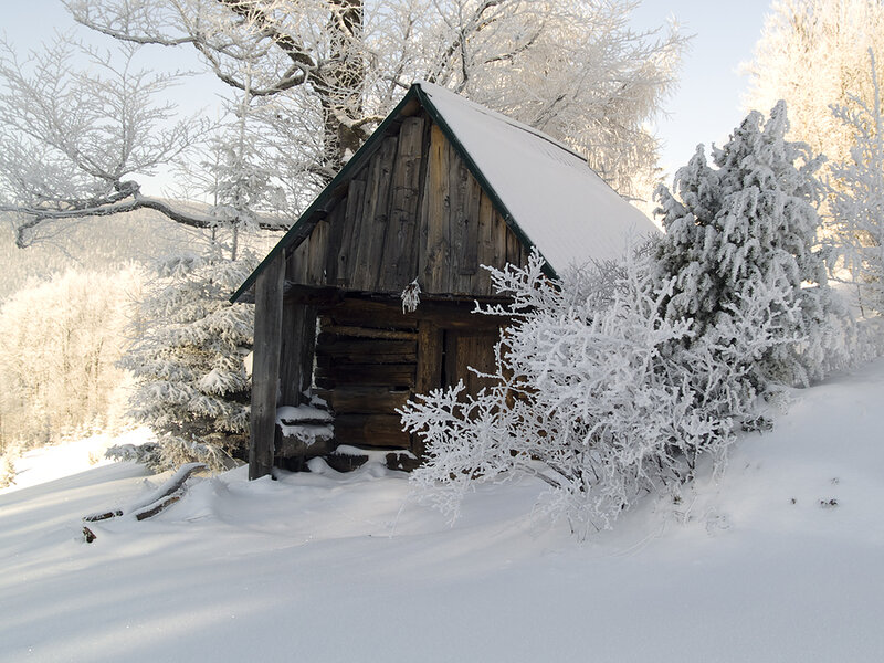 Wooden Cabin in Snow — White, Serene, Winter, Photograph