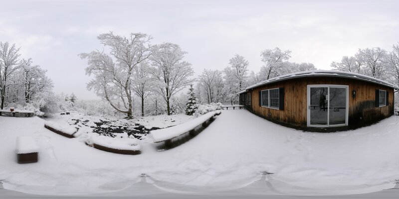Wooden Cabin in Snow — White, Serene, Winter, Photograph, Trees, Bench
