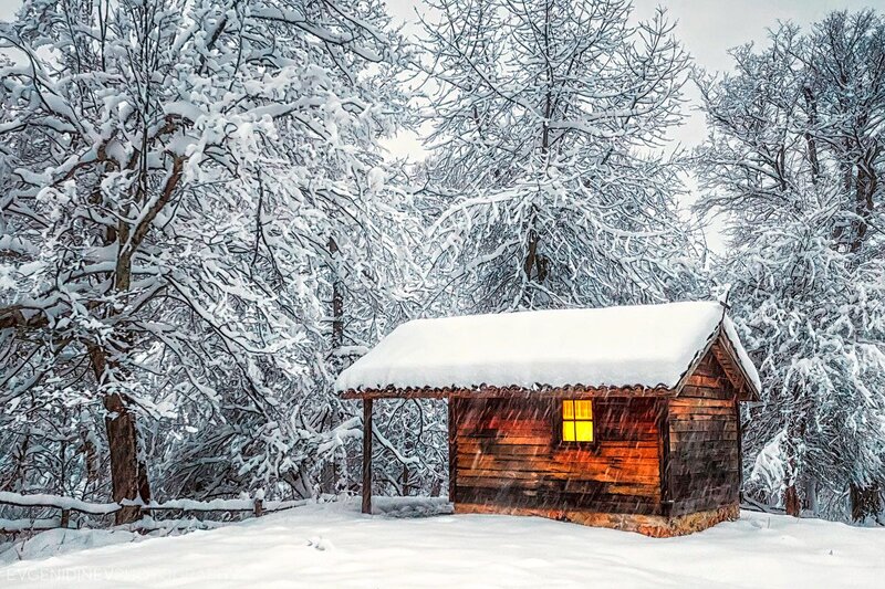 Wooden Cabin in Snow — White, Serene, Winter, Photograph, Trees, Window