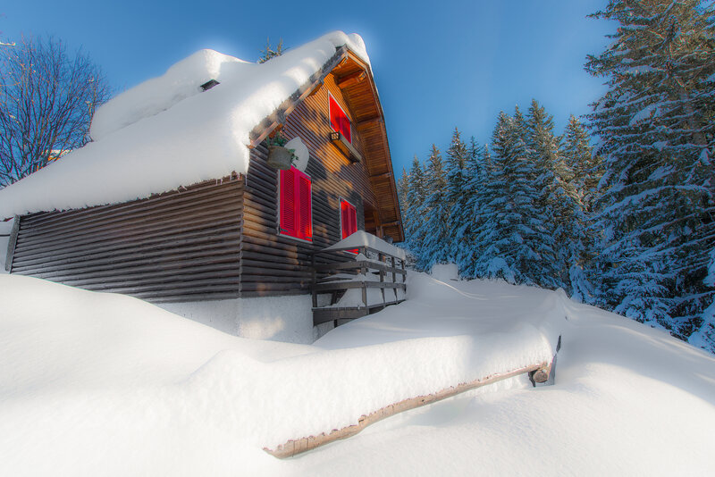 Wooden Cabin in Snow — White, Serene, Winter, Photograph, Trees, Windows